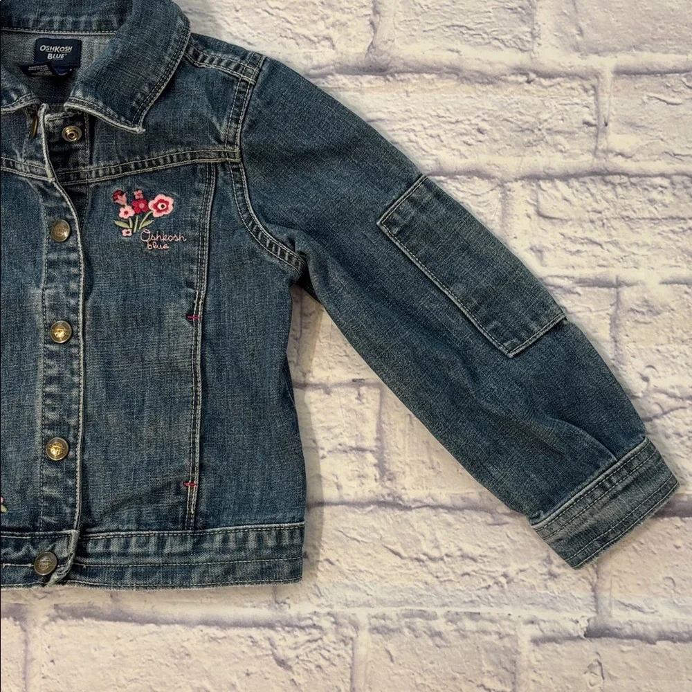 Oshkosh Girls Denim Jean Jacket Pink Floral Embroidery Button Front Girls Size 5